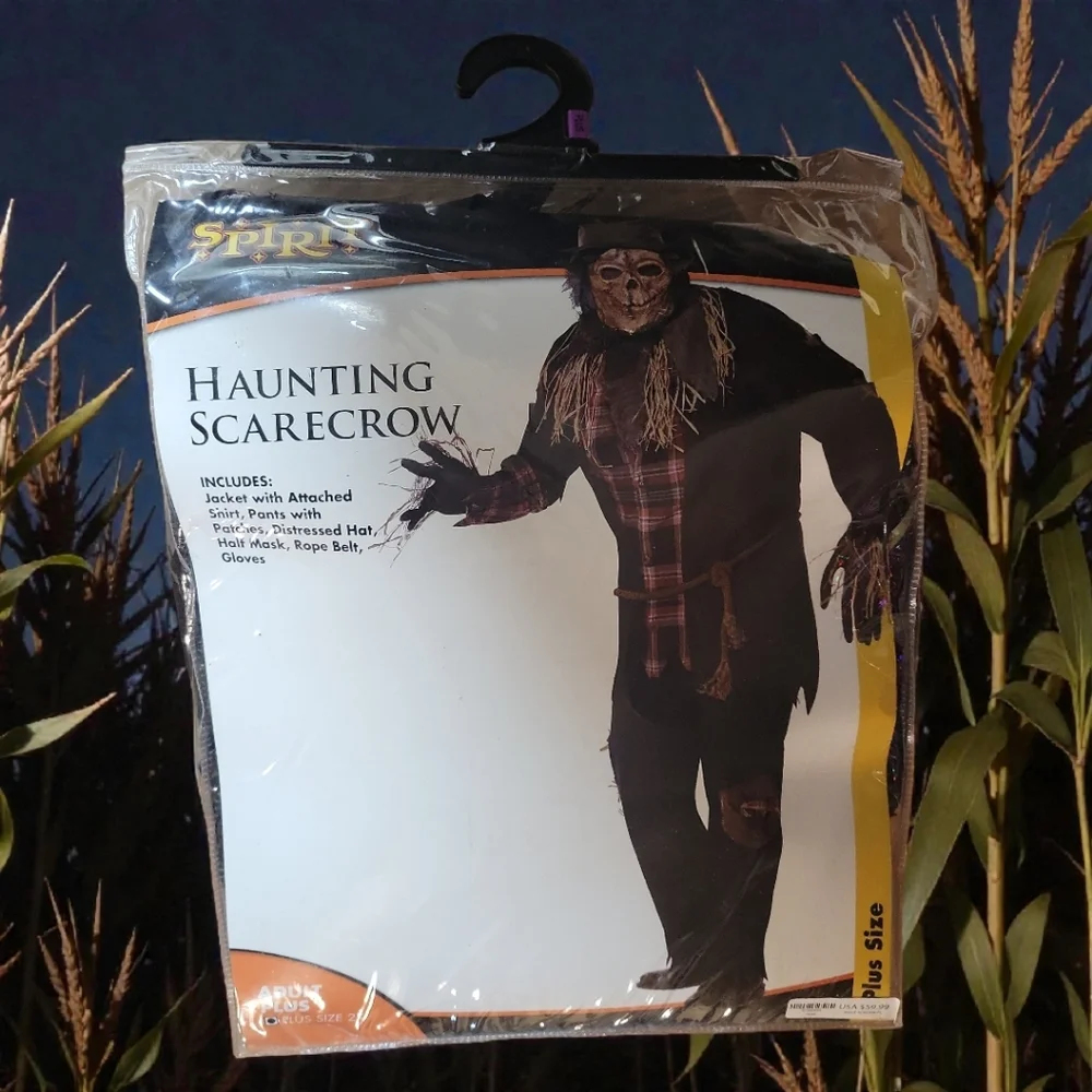 NWT Spirit Halloween Adult 2X Haunting Scarecrow Costume Mask Hat Pants Gloves